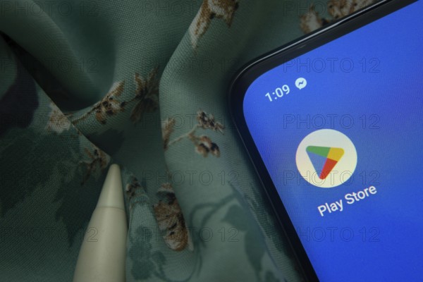 Dhaka, Bangladesh- 07 May 2025: Google Play Store app icon is seen on smartphone