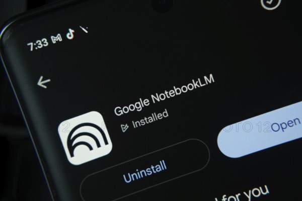 Dhaka, Bangladesh- 27 July 2025: Screen displaying Google NotebookLM app with open and uninstall options, dark interface