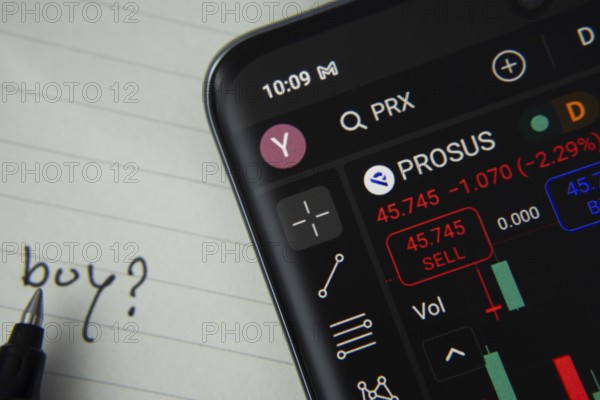 Dhaka, Bangladesh- 20 June 2025: Prosus stock trading details displayed on smartphone with handwritten note