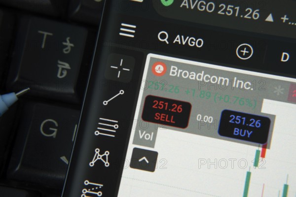 Dhaka, Bangladesh- 20 June 2025: Broadcom Inc stock trading details on smartphone over a keyboard