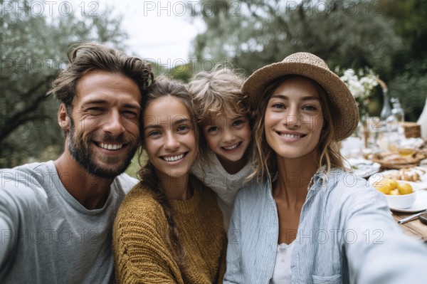 Cheerful happy family taking selfie on picnic on a family vacation day, AI generated