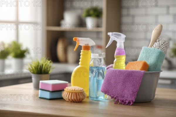 Cleaning set with products and tools on kitchen table, AI generated