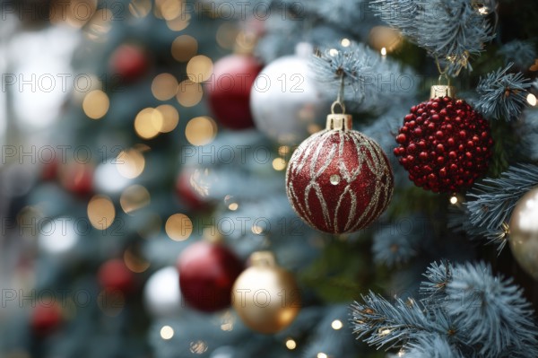 Christmas Tree With Baubles, holiday season and holiday greetings. Happy family time, AI generated