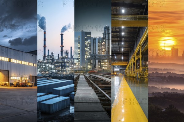 Collage of industrial factories and warehouses. Illustration of global international trade and commerce, AI generated