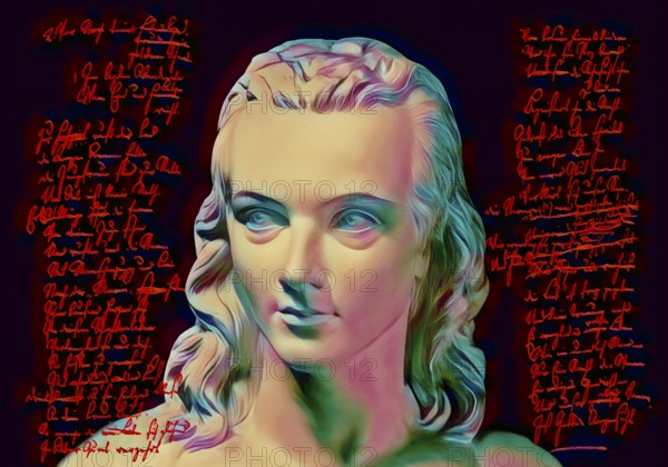 Portrait of Georg Philipp Friedrich Freiherr von Hardenberg, pseudonym and pen name Novalis, 1772 - 1801, German poet of Early German Romanticism, digitally edited after a bust at his grave, Hymns to the Night (Hymnen an die Nacht) written by Novalis