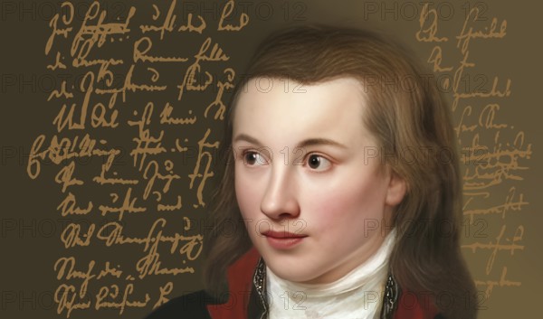 Portrait of Georg Philipp Friedrich Freiherr von Hardenberg, pseudonym and pen name Novalis, 1772 - 1801, German poet of Early German Romanticism, digitally edited, Hymns to the Night (Hymnen an die Nacht) written by Novalis