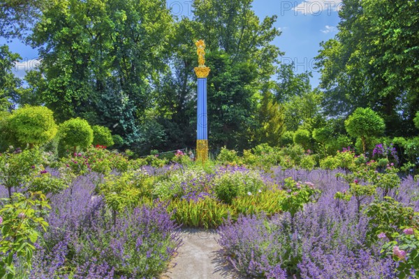 Rosarium with blooming roses and lavender on the Rose Island in Lake Starnberg, Feldafing, Upper Bavaria, Bavaria, Germany