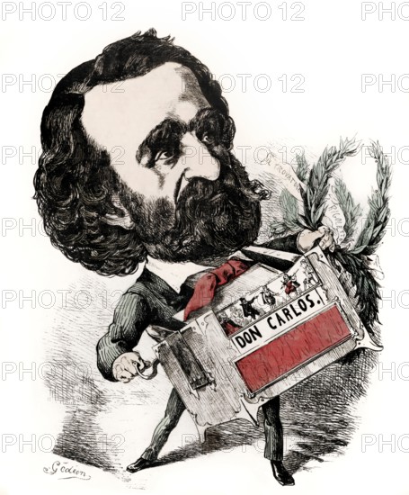 Caricature of Giuseppe Verdi, 1813 – 1901, Italian opera composer, digitally edited after Gedeon