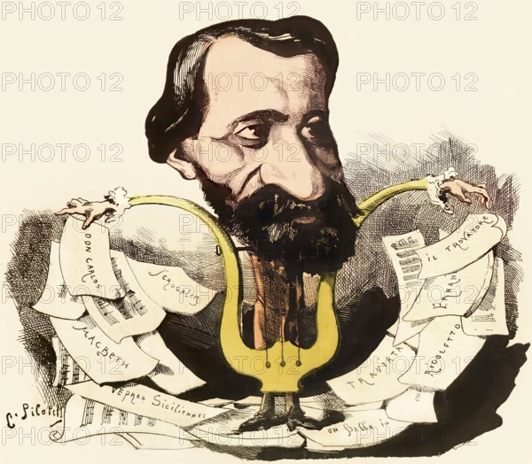 Caricature of Giuseppe Verdi, 1813 – 1901, Italian opera composer, digitally edited after Pilotell