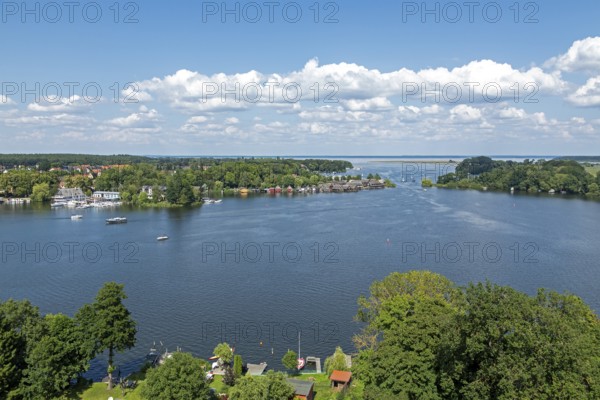 View from the tower of St Mary's Church, Müritz, lake, boats, boathouses, holiday homes, Röbel, Müritz, Mecklenburg Lake District, Mecklenburg-Western Pomerania, Germany