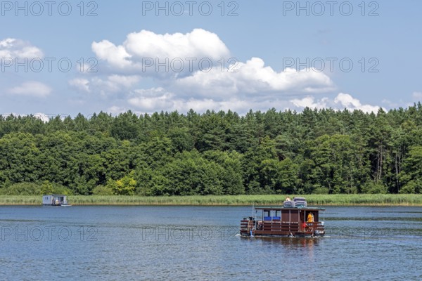 Houseboat, Zotzensee, Mecklenburg Lake District, Mecklenburg-Western Pomerania, Germany