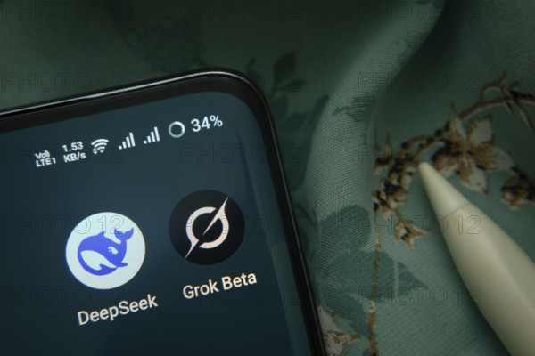 Dhaka, Bangladesh- 07 May 2025: DeepSeek and Grok Ai app icon is seen on smartphone