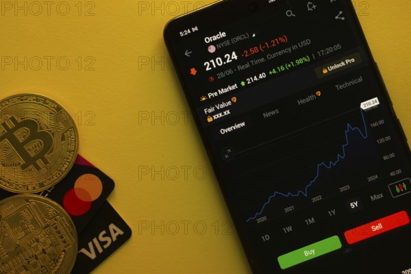 Dhaka, Bangladesh- 30 June 2025: Smartphone displaying Oracle stock data on a trading app with Bitcoin, Visa and Mastercard card on a vibrant yellow background