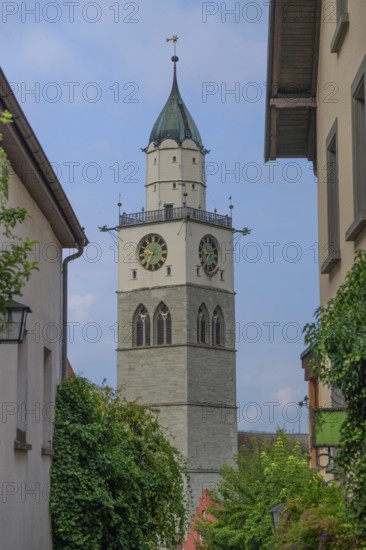 Tower of Überlingen Minster, St Nicholas, built in 1350 and 1576 in the late Gothic style, Überlingen, Baden-Württemberg, Germany