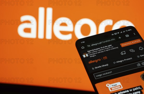 Dhaka, Bangladesh- 03 July 2025: Smartphone displaying Allegro web interface against Allegro logo background