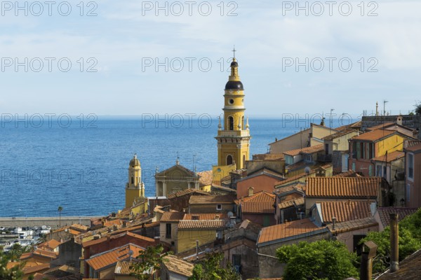 Town with colourful houses by the sea, Menton, Alpes Maritimes, Provence Alpes Cote d'Azur, French Riviera, South of France, France