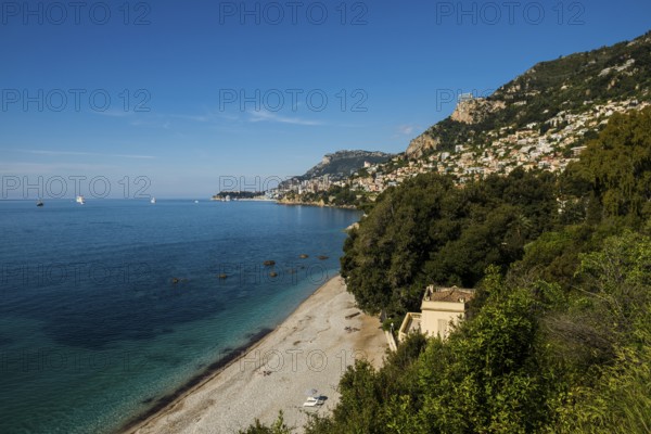 View of Roquebrune and Monaco, Plage du Golfe Bleu, Alpes Maritimes, Provence Alpes Cote d'Azur, French Riviera, South of France, France