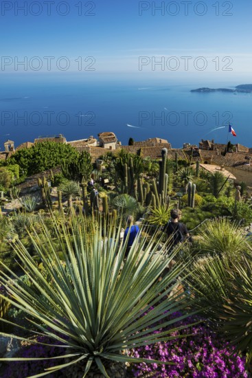 Picturesque mountain village overlooking the sea, Jardin Exotique, Èze, Cote d'Azur, Alpes-Maritimes, Provence-Alpes-Cote-d'Azur, South of France, France