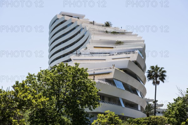 High-rise flat blocks by the sea, Marina Baie des Anges, Villeneuve-Loubet, Provence Alpes Côte d'Azur, South of France, France