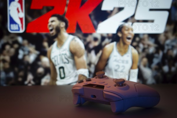 Dhaka, Bangladesh- 03 July 2025: A close-up of a white gamepad with the NBA 2K25 seen on screen in the background