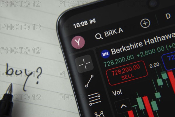 Dhaka, Bangladesh- 20 June 2025: Berkshire hathaway inc stock trading details displayed on smartphone with handwritten note
