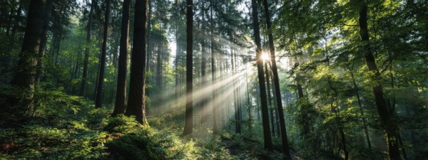 Beautiful rays of sunlight in a green forest shining through trees and tree branches. Concept of new beginning and spirituality, AI generated