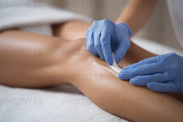 Bikini waxing of a beautiful young attractive woman in a spa. Luxury treatment for perfect skin and rejuvenation, AI generated