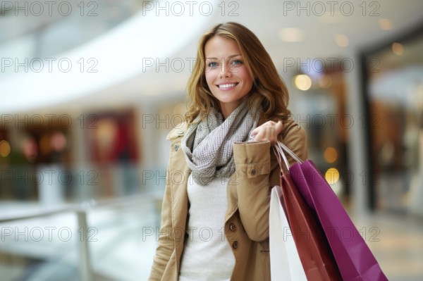 Beautiful young happy attractive woman with bags of different colours in shopping center mall shopping for brand name fashion items, AI generated