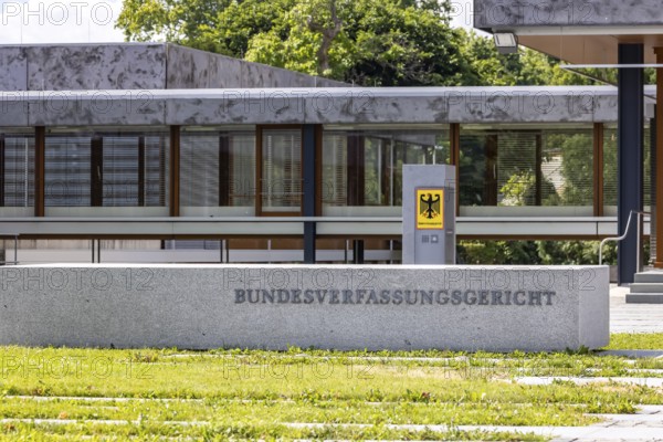 Federal Constitutional Court (BVerfG) . Exterior view with official sign and federal eagle. Karlsruhe, Baden-Württemberg, Germany