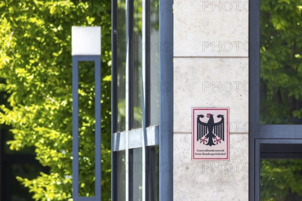 Federal Public Prosecutor General at the Federal Court of Justice in Karlsruhe. Office sign with federal eagle on the office building. Karlsruhe, Baden-Württemberg, Germany