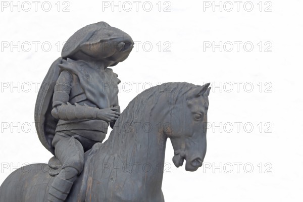 Sculpture Beetle on A Horse by Julius von Bismarck 2024, Blickachsen 14, modern art, equestrian figure, bee figure, grey, knight, knight's armour, monochrome, black and white, cut-out, castle, Bad Homburg, Taunus, Hesse, Germany