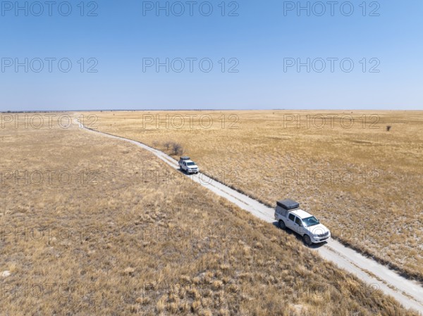 Two off-road vehicles drive on a sandy track through a vast dry landscape with yellow grass, Sowa Pan, Makgadikgadi salt pans, Botswana