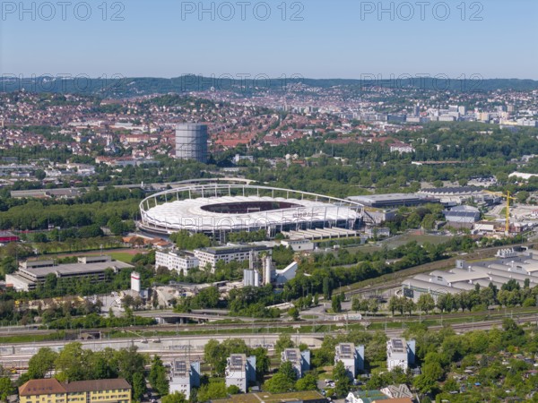 Aerial view, MHP Arena, surrounded by green urbanity and buildings in Stuttgart, Baden-Württemberg, Germany