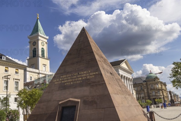 City view of Karlsruhe with pyramid on the market square. Karlsruhe, Baden-Württemberg, Germany