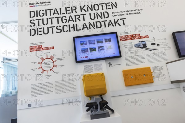 Stuttgart ITS information tower. In the exhibition, Deutsche Bahn AG provides information about the Stuttgart 21 project, digital rail and the Stuttgart Digital Node with Deutschlandtakt. Stuttgart, Baden-Württemberg, Germany
