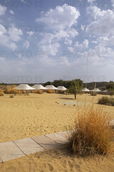 Desert camp or tented camp in the Thar Desert or Great Indian Desert, near Jaisalmer, Rajasthan, India