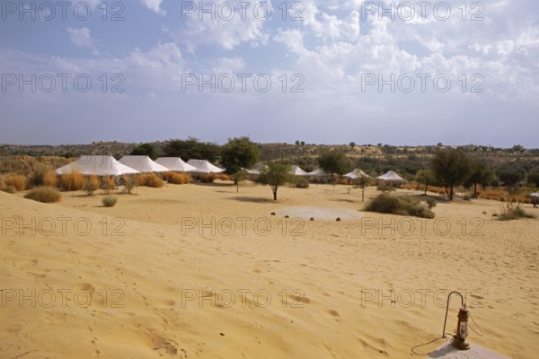 Desert camp or tented camp in the Thar Desert or Great Indian Desert, near Jaisalmer, Rajasthan, India
