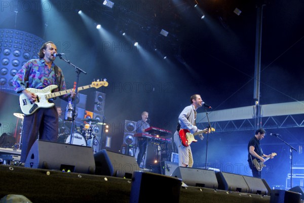 Marco Michael Wanda, singer, Manuel Christoph Poppe, guitarist, Reinhold Weber, bassist, from WANDA live on SCHÖN BEI DIR LIVE 2025-Tour at the Berlin Zitadelle on 12 July 2025