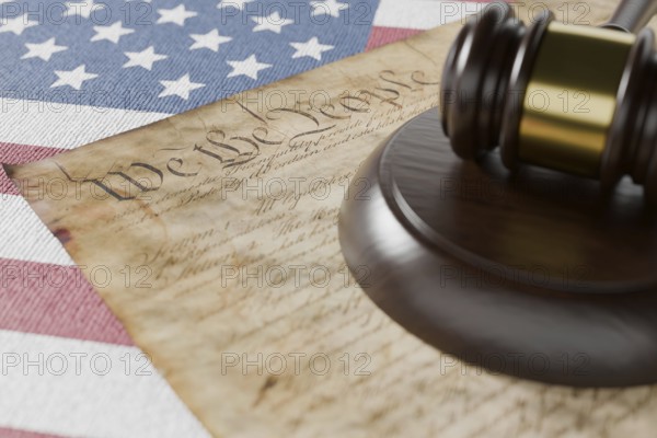 United states constitution, gavel and american flag resting on table