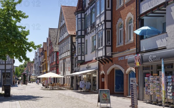 Half-timbered houses on Weserstrasse in the historic old town of Rinteln. Lower Saxony, Germany