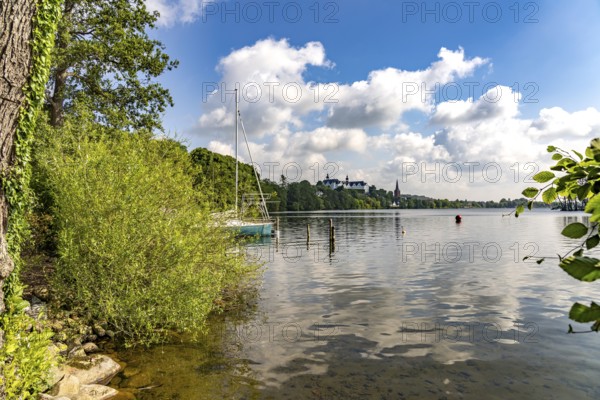 The Great Plön Lake, Nikolai Church and Plön Castle in Plön, Schleswig-Holstein, Germany
