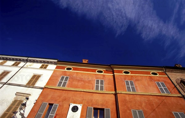Facade of the Giuseppe Verdi house, Casa Barezzi, Piazza Giuseppe Verdi, old town of Busseto, Province of Parma, Emilia-Romagna, Italy