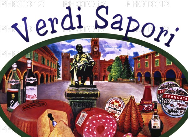 Verdi Sapori, advertising board for local culinary delicacies in honor of Giuseppe Verdi, Busseto, Province of Parma, Emilia-Romagna, Italy