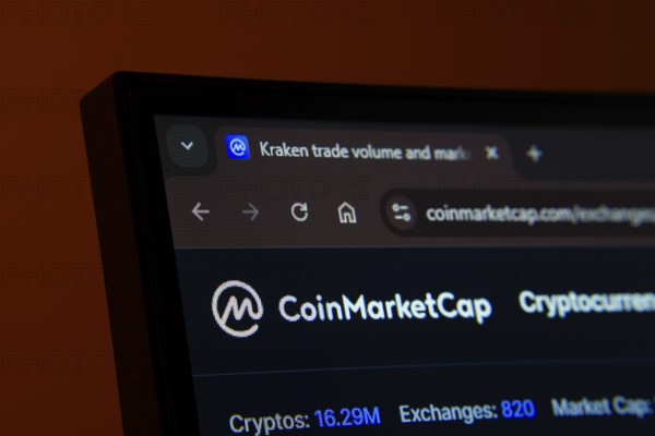 Dhaka, Bangladesh- 02 June 2025: Close-up of a computer screen displaying the Coinmarketcap web interface in dark mode