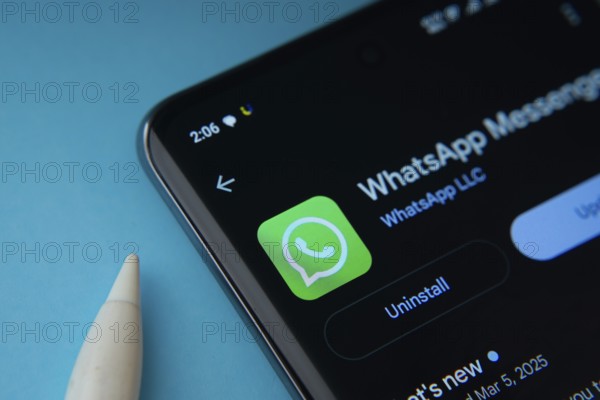 Dhaka, Bangladesh- 04 July 2025: The WhatsApp app from Google Playstore is displayed on a smartphone screen