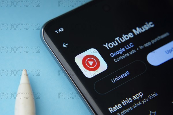 Dhaka, Bangladesh- 04 July 2025: The Youtube Music app from Google Playstore is displayed on a smartphone screen