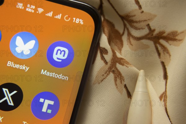 Dhaka, Bangladesh- 07 May 2025: Bluesky, Mastodon, X and Truth Social app icon is seen on smartphone