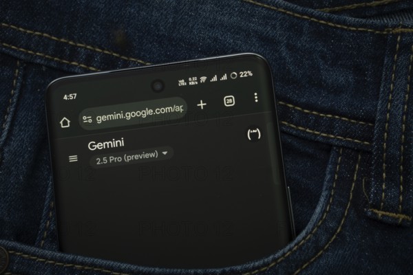 A smartphone displaying the Goolge Gemini web interface peeks out of a denim pocket