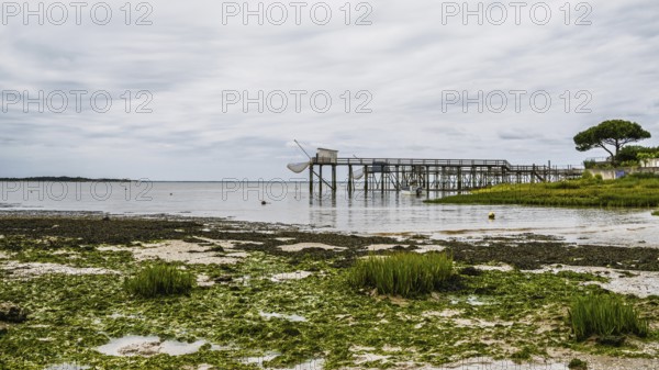 Fishing huts over Randonnee entre Histoire et Nature from a drone, Fouras, Fouras-les-Bains, Charente-Maritime, Nouvelle-Aquitaine, France