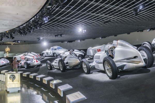 The Mercedes-Benz Museum in Stuttgart presents a journey through the automotive history of the global corporation. Myth 7: Racing cars and Silver Arrows - races and records. The history of the Mercedes star begins with the first automobile in 1886. Stuttgart, Baden-Württemberg, Germany